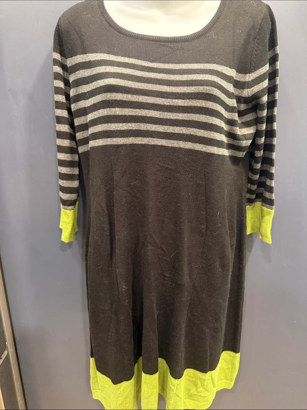 Black & Gray Striped Long Sleeve Knit Dress with Lime Accents